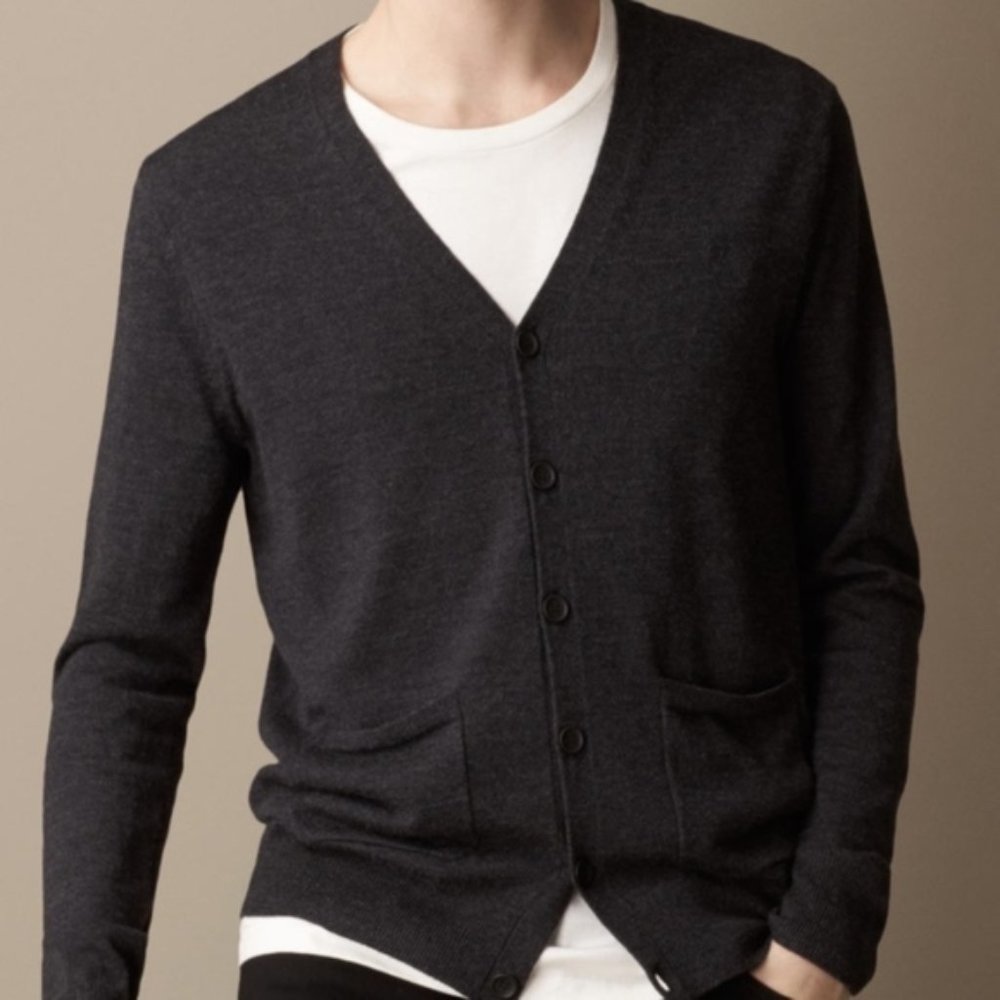 Burberry Mens Charcoal Merino Wool Cardigan With Lamb Suede Elbow Patches - Picture 1 of 7